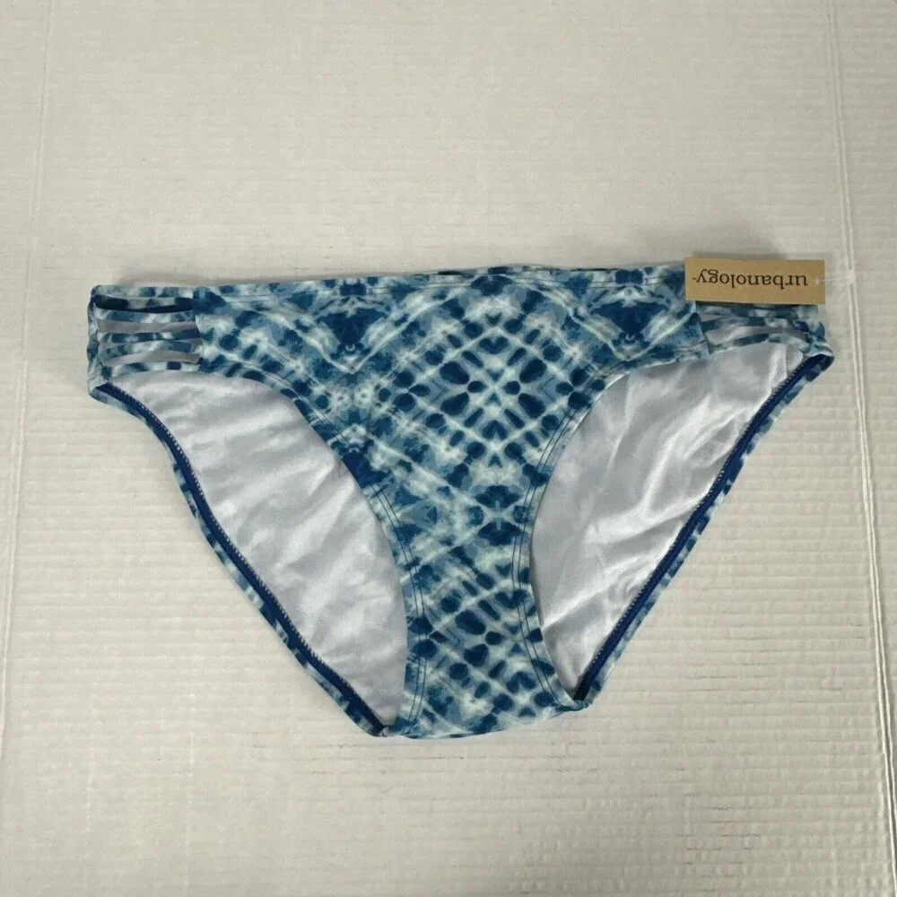 Urbanology Women's L Strappy Side Bikini Swim Bottom Blue White‎ NWT